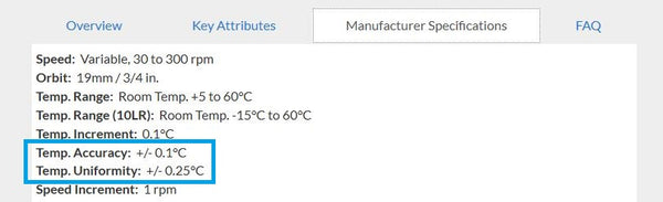 Manufacturer specifications for the Incu-Shaker 10L.